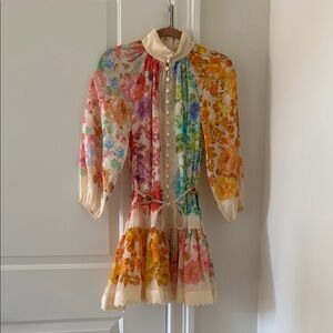 Authentic Zimmerman Raie Lantern Floral Multicolor Dress with Puff Sleeves